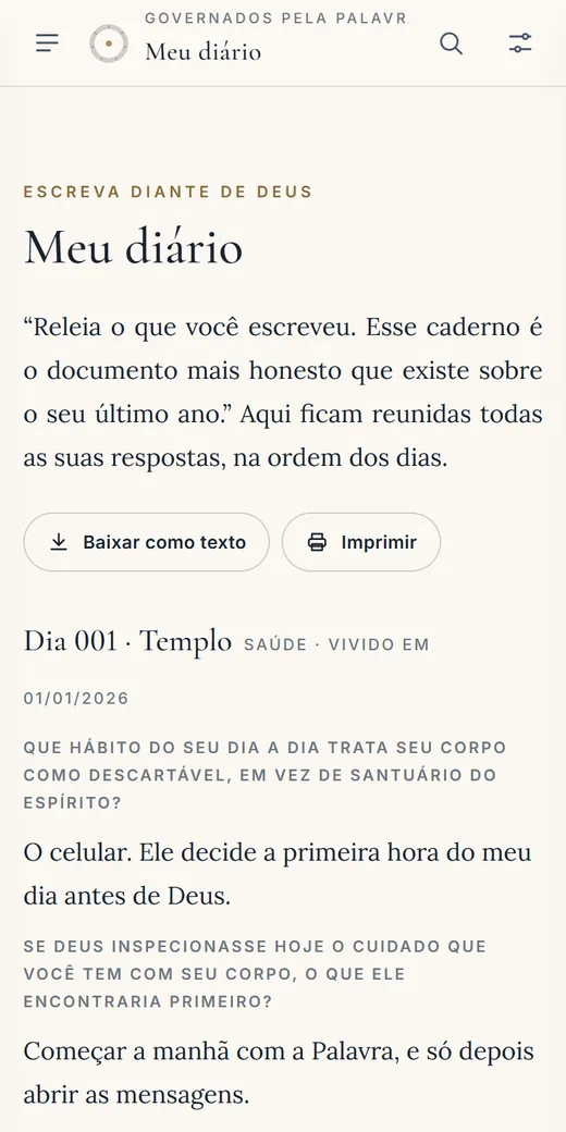 Tela Meu diário, reunindo as respostas escritas em cada dia