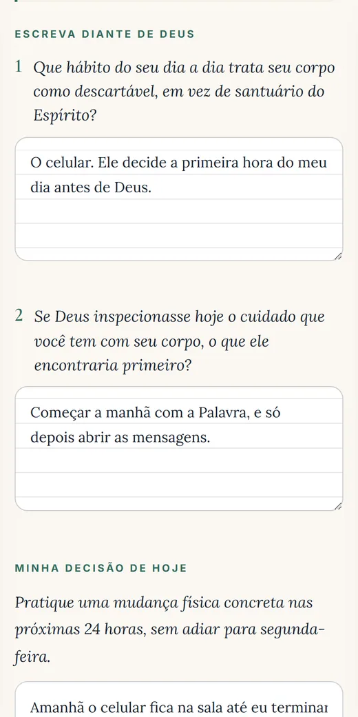 Tela do Dia 001 na edição interativa, com as respostas escritas nos campos de Escreva diante de Deus
